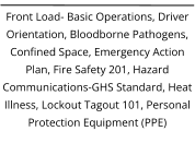 Front Load- Basic Operations, Driver Orientation, Bloodborne Pathogens, Confined Space, Emergency Action Plan, Fire Safety 201, Hazard Communications-GHS Standard, Heat Illness, Lockout Tagout 101, Personal Protection Equipment (PPE)