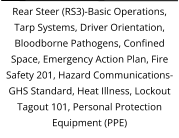 Rear Steer (RS3)-Basic Operations, Tarp Systems, Driver Orientation, Bloodborne Pathogens, Confined Space, Emergency Action Plan, Fire Safety 201, Hazard Communications-GHS Standard, Heat Illness, Lockout Tagout 101, Personal Protection Equipment (PPE)